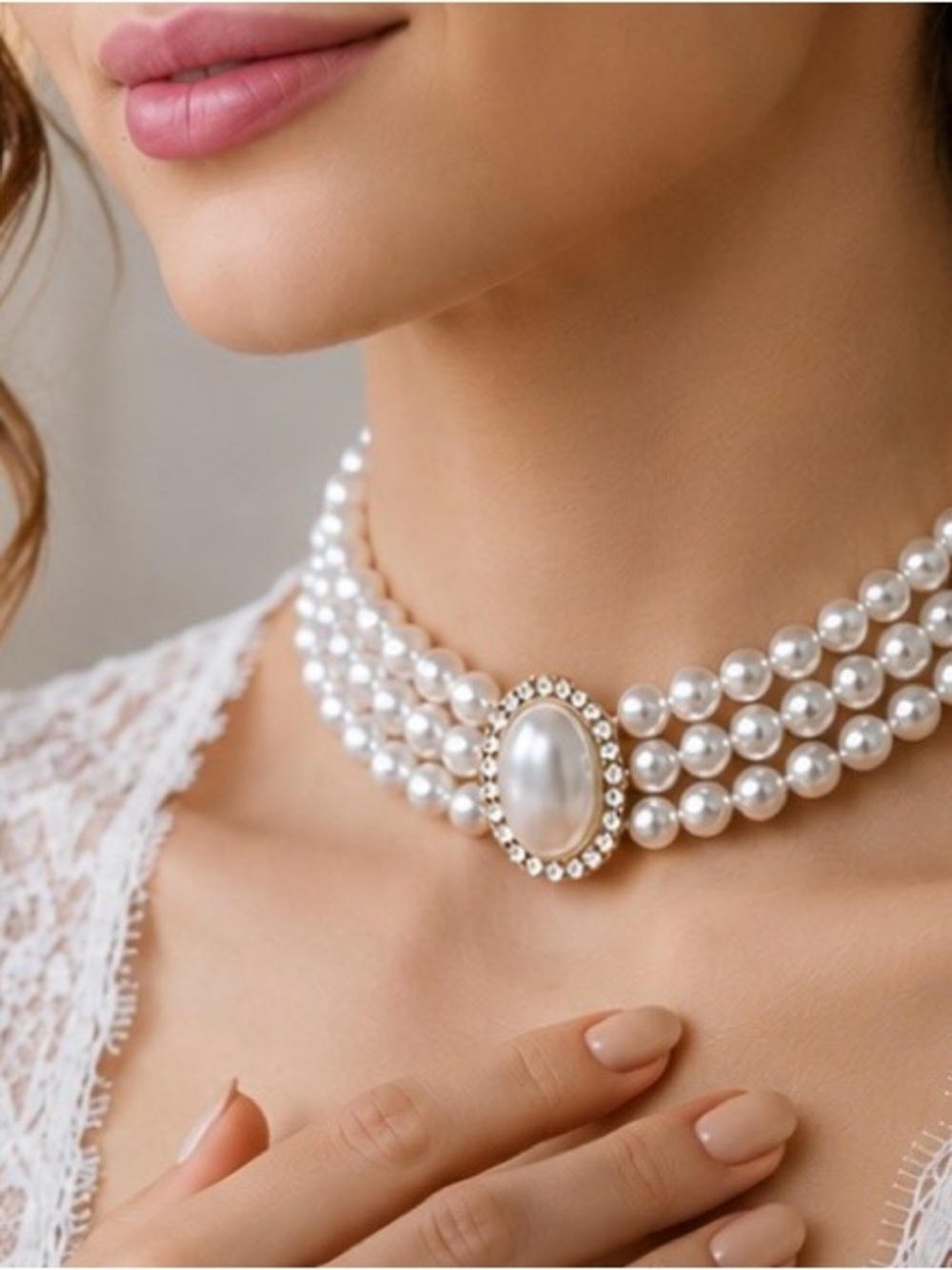 Anthropologie White Pearl Multistrand Choker with Crystal Oval